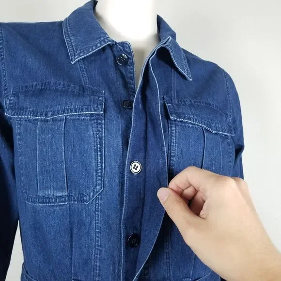 A.P.C. Indigo Chambray Denim Minimalist Cotton Knee Length Belted Shirt Dress M - Picture 4 of 13